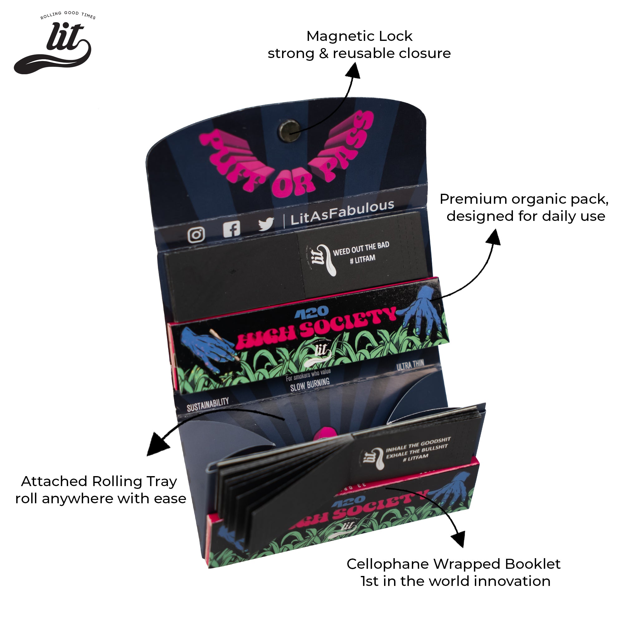 LIT 420 High Society Brown booklet open to reveal the magnetic lock closure, attached rolling tray, and premium daily-use ergonomic design.