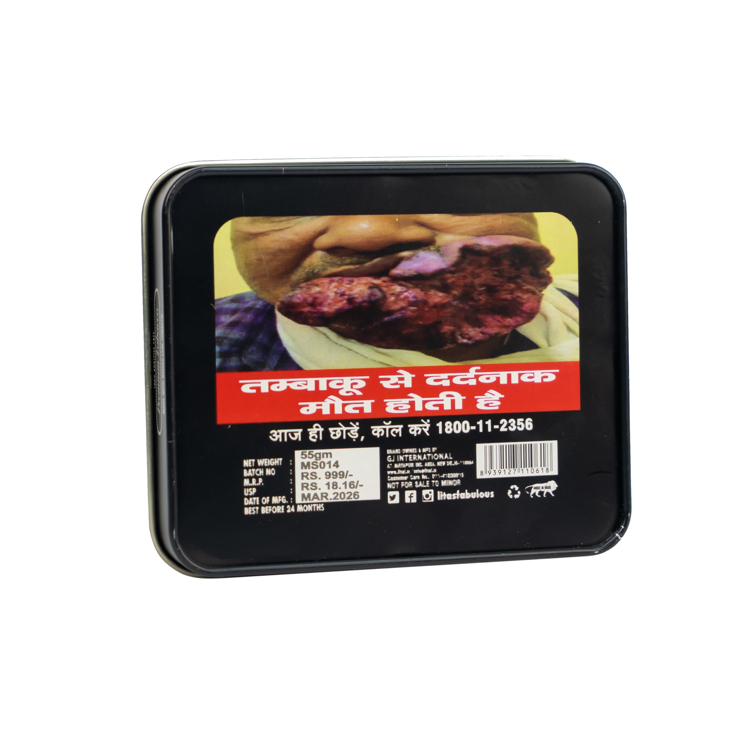 LIT Masala rolling tobacco tin – back of pack with statutory warnings
