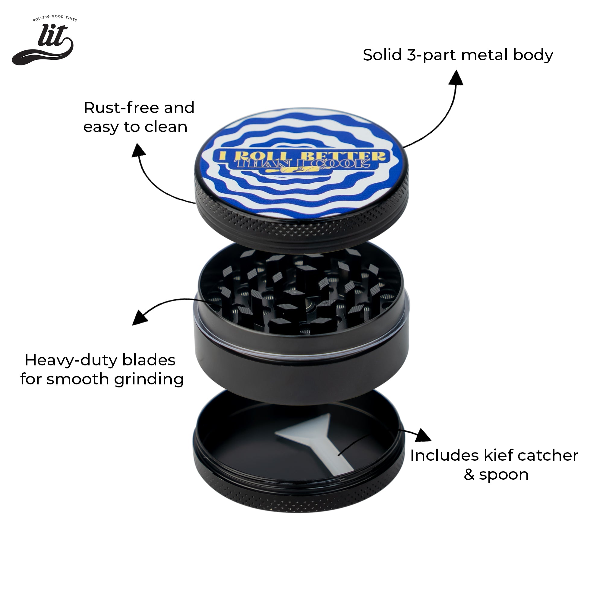 LIT I ROLL Better Than Cook Premium Metallic Herb Grinder (50mm) Herb Grinder | Herb Crusher | LITAF Accessories Black
