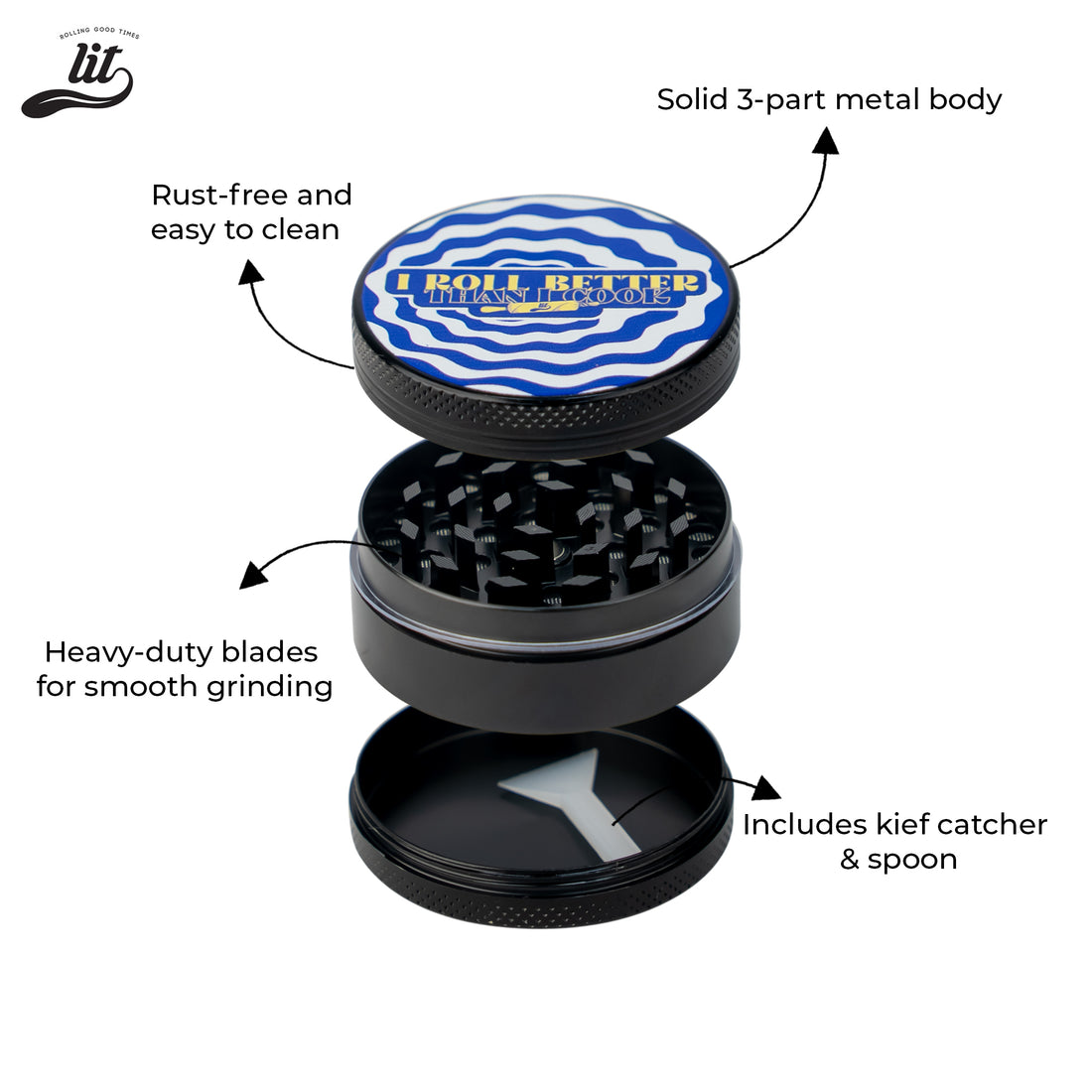 LIT I ROLL Better Than Cook Premium Metallic Herb Grinder (50mm) Herb Grinder | Herb Crusher | LITAF Accessories Black