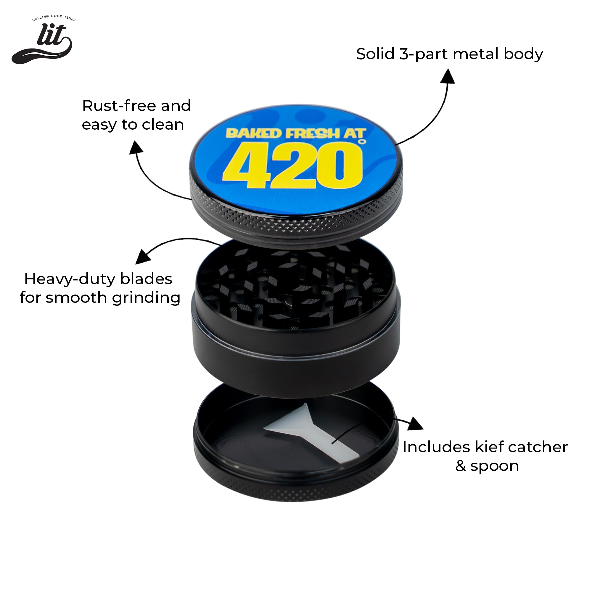 LIT Baked Fresh AT 420 Premium Metallic Herb Grinder (50mm) Herb Grinder | Herb Crusher | LITAF Accessories Black