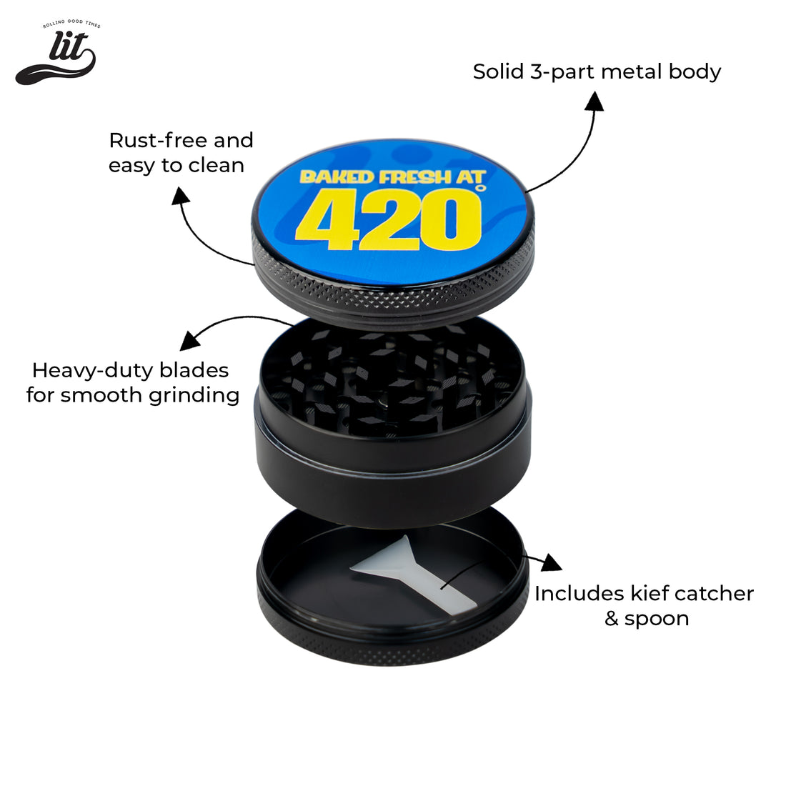 LIT Baked Fresh AT 420 Premium Metallic Herb Grinder (50mm) Herb Grinder | Herb Crusher | LITAF Accessories Black