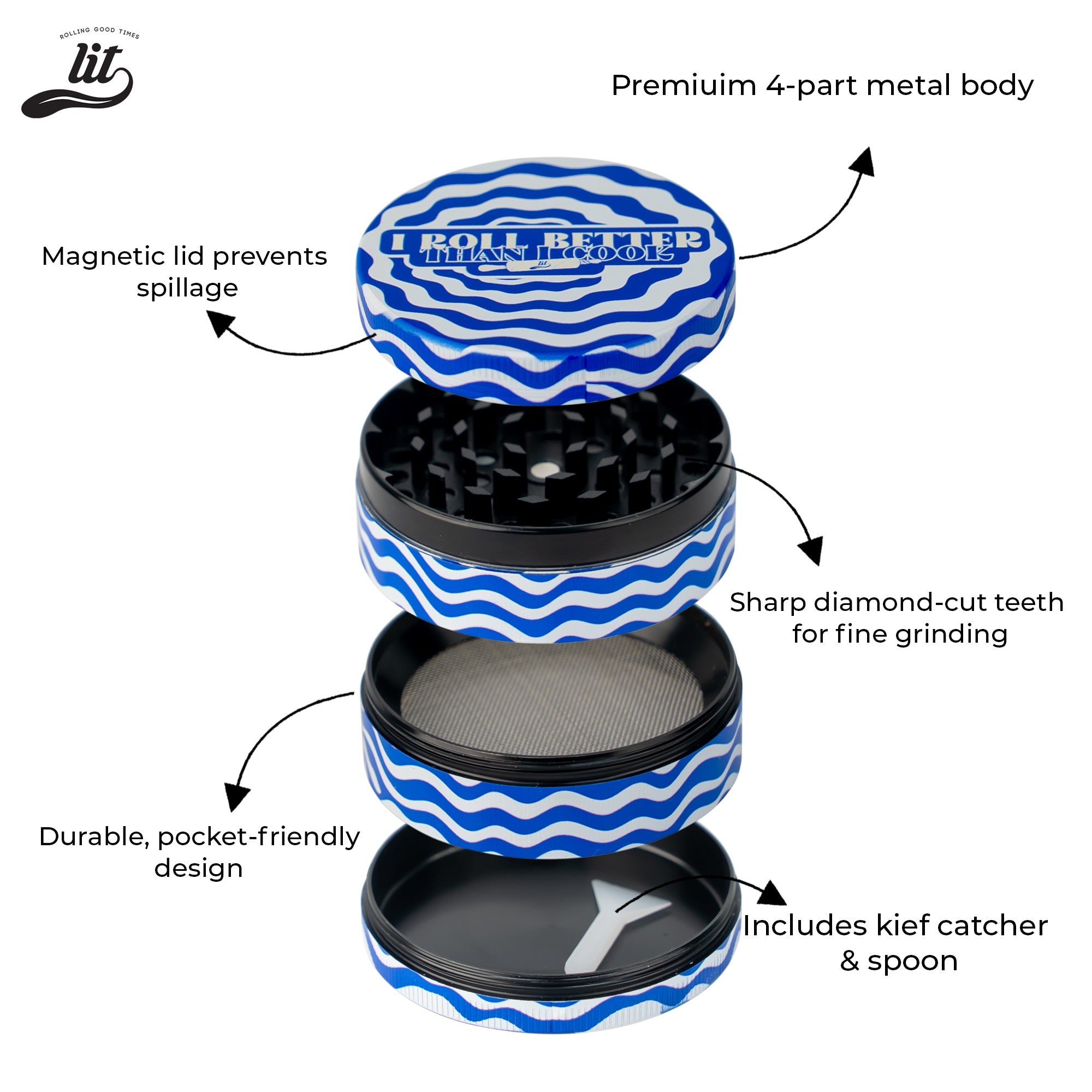LIT I ROLL Better Than Cook Premium Metallic Herb Grinder (63mm) Herb Grinder | Herb Crusher | LITAF Accessories Blue & White