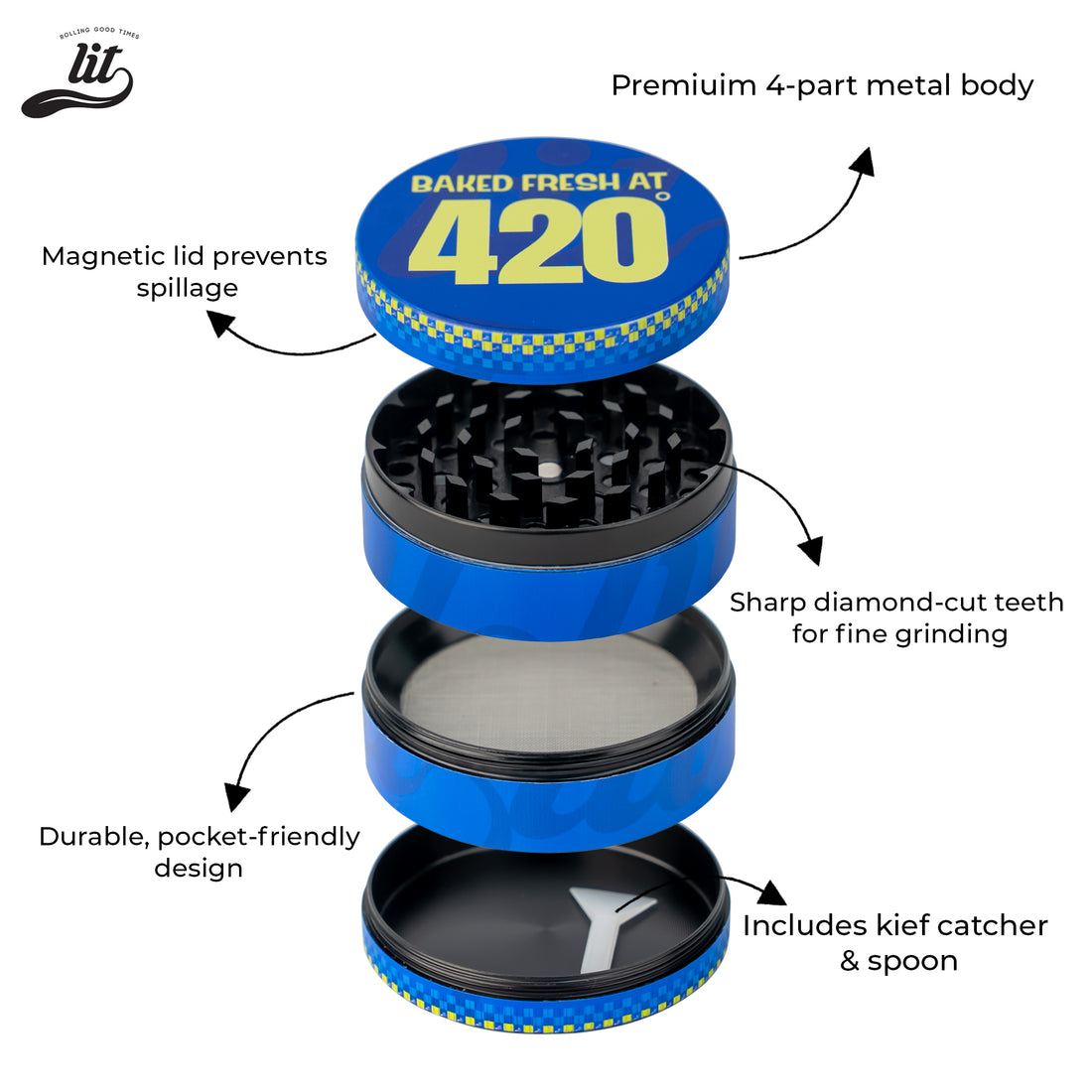 LIT Baked Fresh AT 420 Premium Metallic Herb Grinder (63mm) Herb Grinder | Herb Crusher | LITAF Accessories Blue