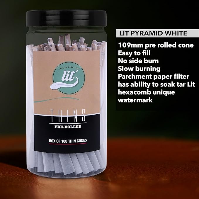 LIT THINS ORGANIC WHITE PRE-ROLLED CONES (109MM) KING SIZE (JAR OF 100 CONES)