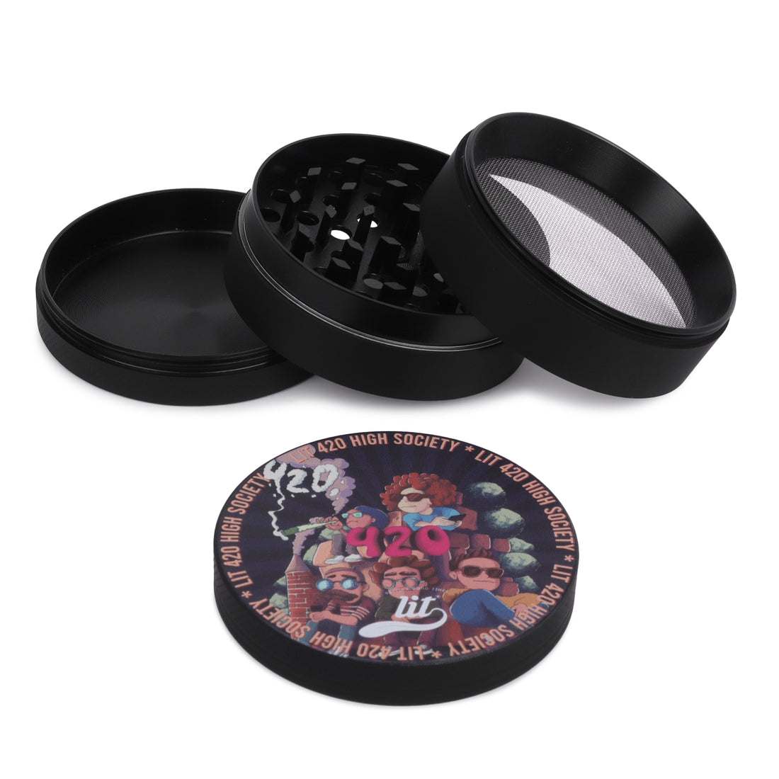 LIT HERB GRINDER WITH FILTER, LARGE 63MM, STAINLESS STEEL (BLACK)