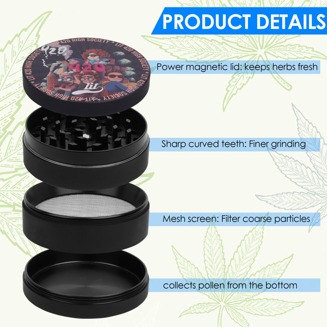 LIT HERB GRINDER WITH FILTER, LARGE 63MM, STAINLESS STEEL (BLACK)